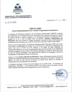 Ministè Edikasyon Nasyonal ak Fòmasyon Pwofesyonèl kalifye 17 me kòm Jounen nasyonal Edikatè yo