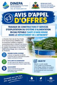Avis d&rsquo;appel d&rsquo;offres DINEPA pour travaux de construction  et services d&rsquo;exploitation du système d&rsquo;alimentation en eau potable (SAEP) D’anse-Rouge dans le departement de l&rsquo;artibonite